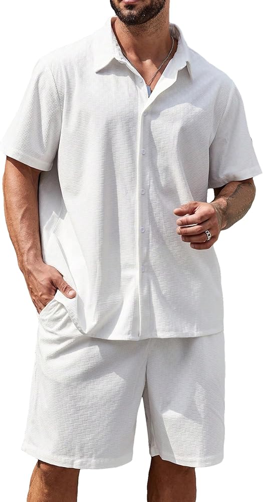 Verdusa Men's Plus Size 2 Piece Outfits Collar Shirt Top and Shorts Tracksuit Set