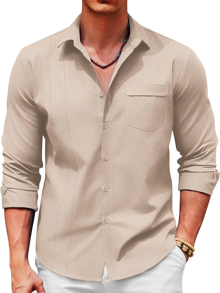 COOFANDY Mens Cuban Guayabera Shirts Casual Button Down Shirts Long Sleeve Linen Shirts Summer Beach