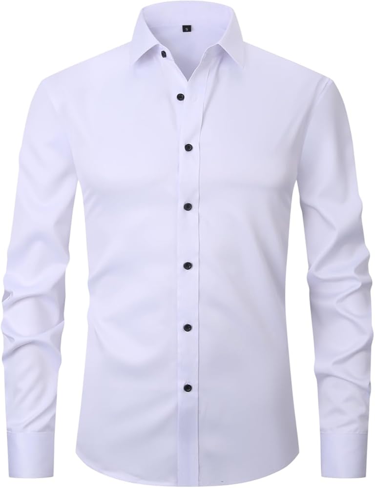 corfty Men Long Sleeve Dress Shirt - Regular Fit Stretch Free-Wrinkle Button Down Shirt